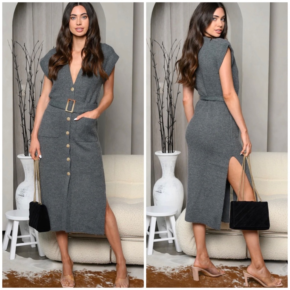 MALIBU BUM Button Down Charcoal Gray Sweater Midi Dress - Picture 8 of 8